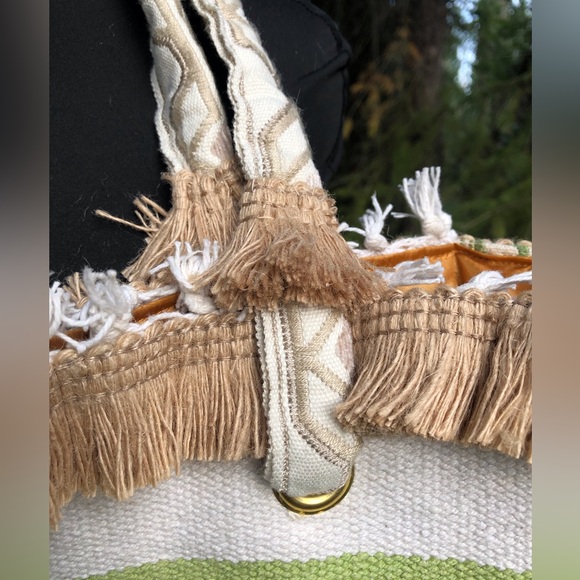 Brown Green Cream Stripe Recycled Carpet Tote Bag Purse Gold Lining Tapestry - Picture 3 of 10